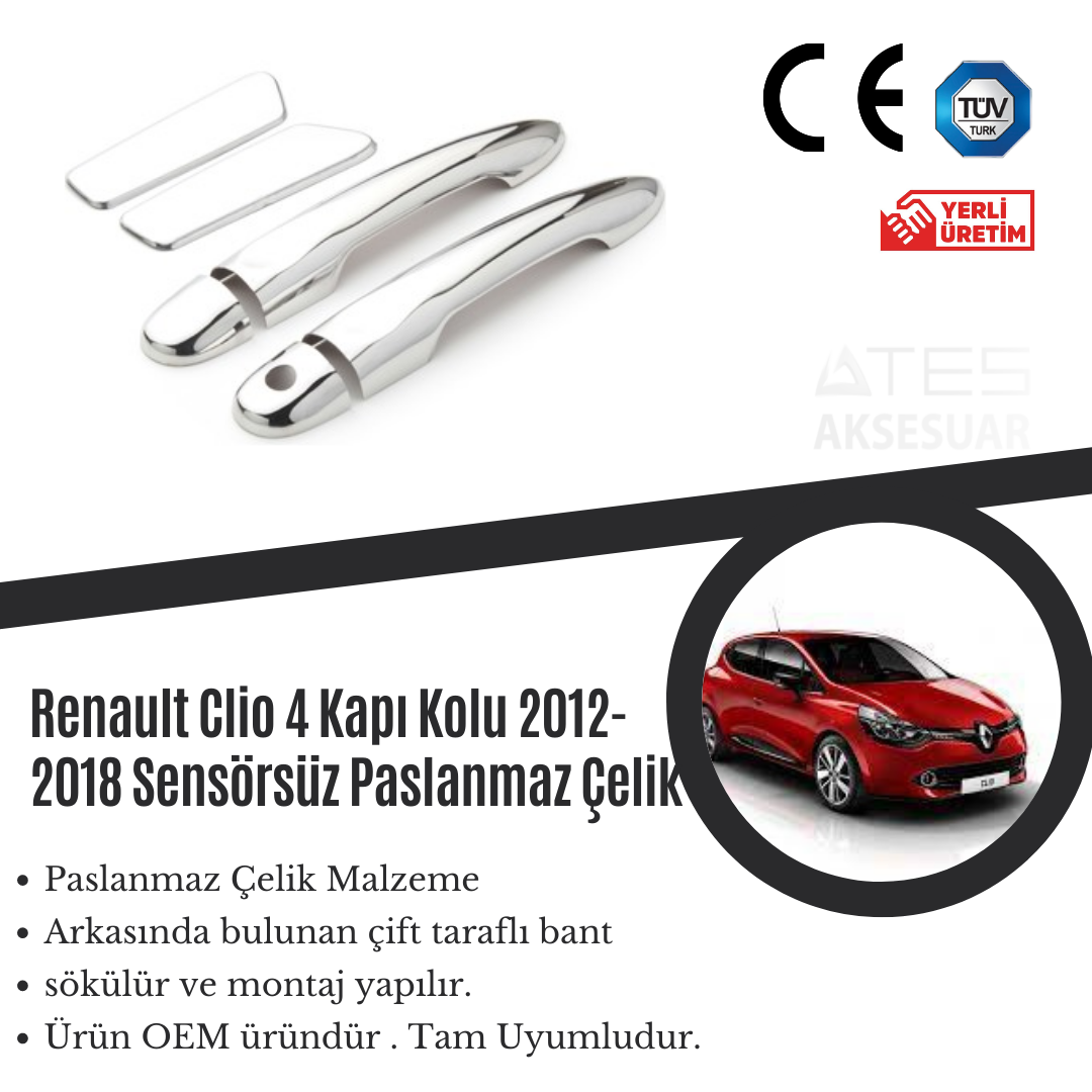 Renault Clio 4 2012-2018 Sensörsüz Kapı Kolu Paslanmaz Çelik