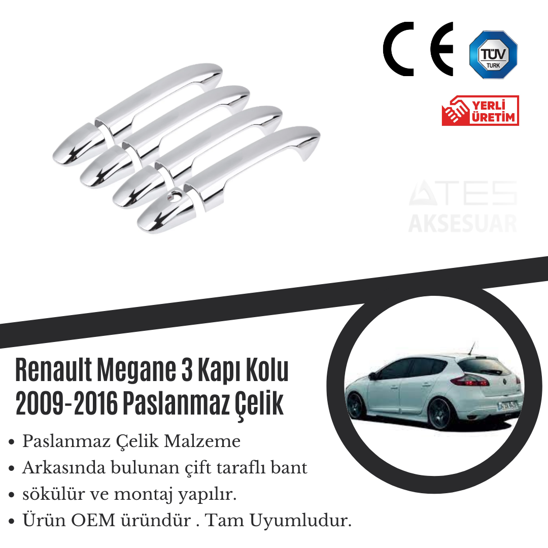 Renault Megane 3 2009-2016 Kapı Kolu Paslanmaz Çelik