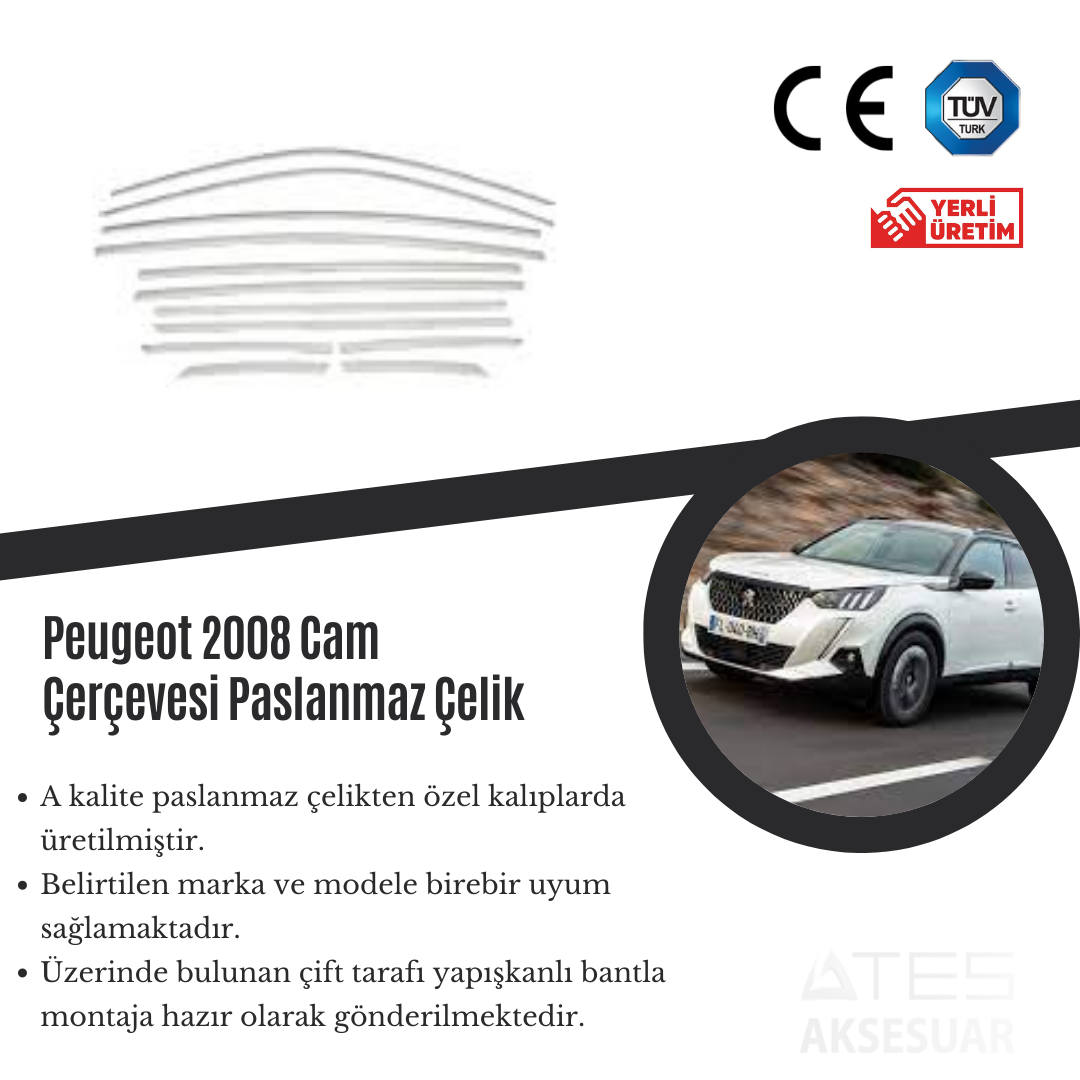 Peugeot 2008 Cam Çerçevesi Paslanmaz Çelik