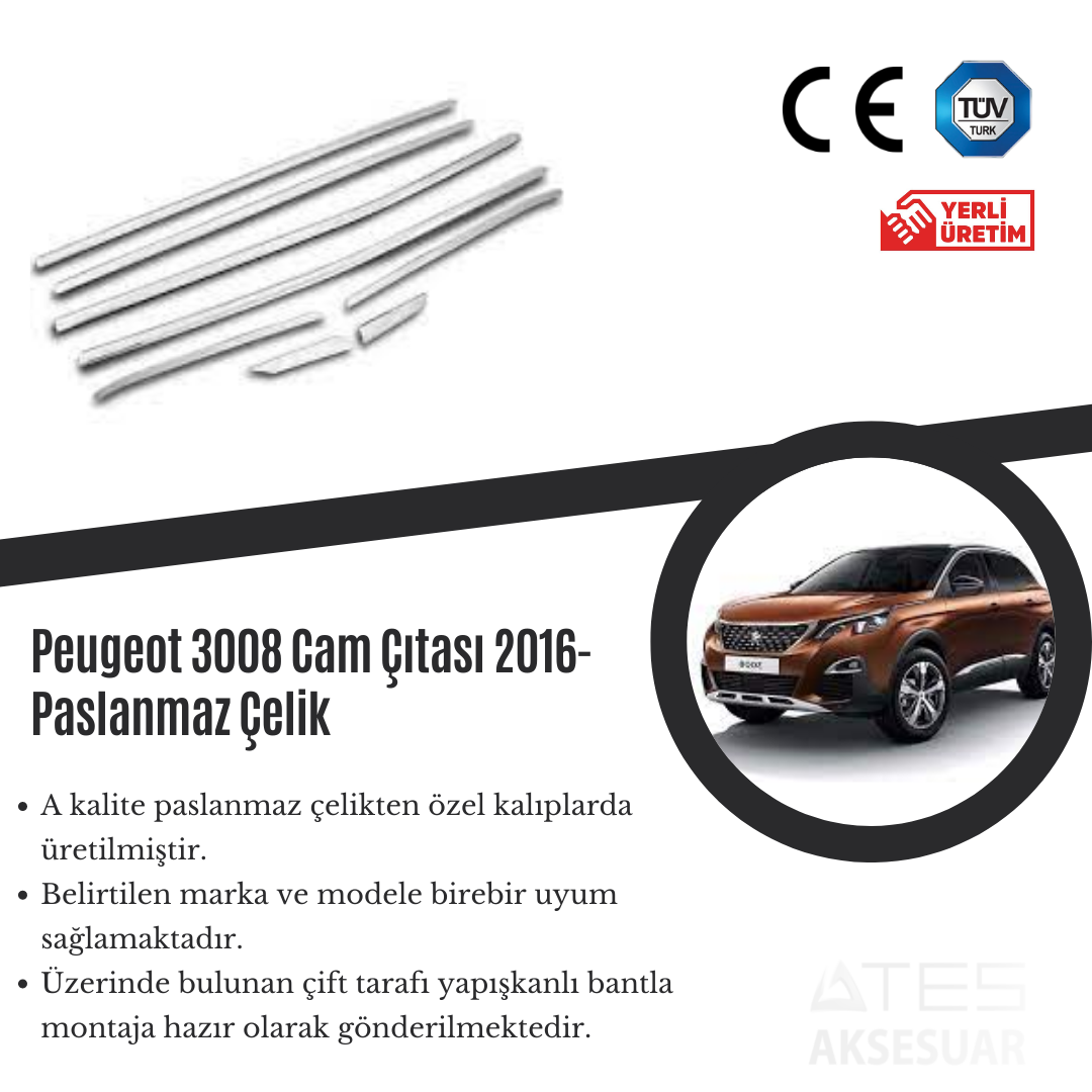 Peugeot 3008 2016 Cam Çıtası Paslanmaz Çelik