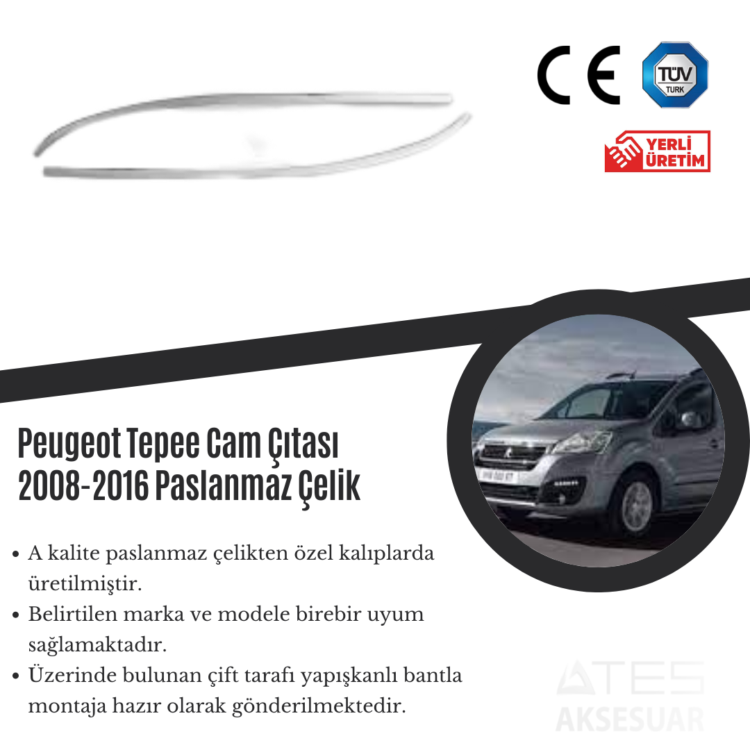 Peugeot Tepe 2008-2016 Cam Çıtası Paslanmaz Çelik