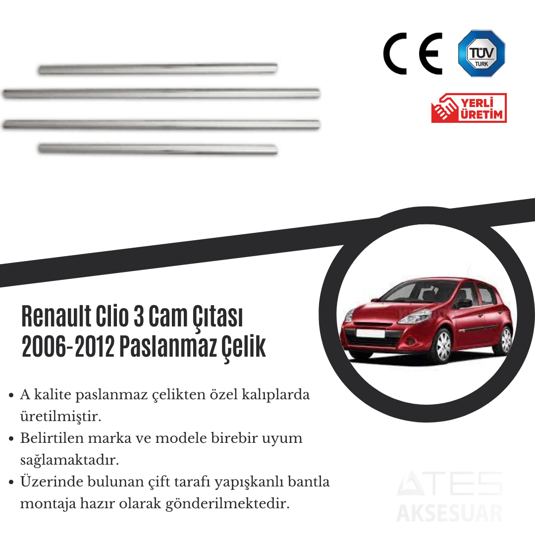 Renault Clio 3 2006-2012 Cam Çıtası Paslanmaz Çelik