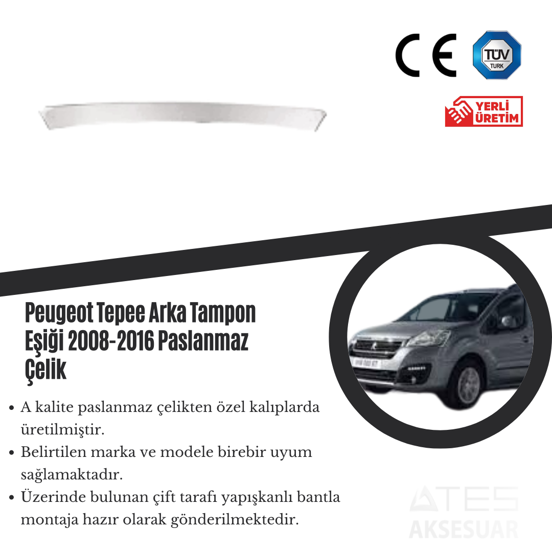Peugeot Tepee 2008-2016 Arka Tampon Eşiği Paslanmaz Çelik