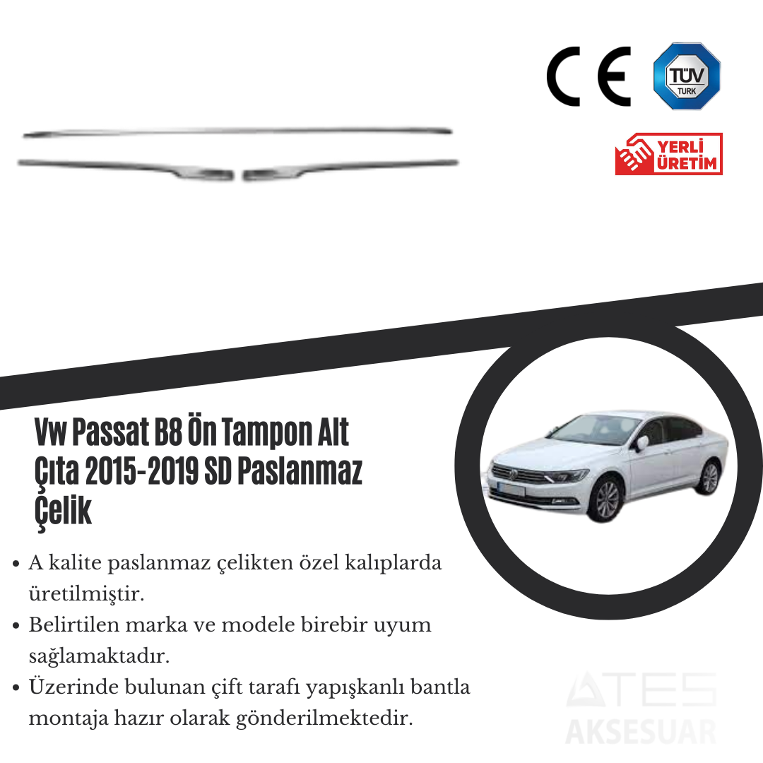 Volkswagen Passat B8 2015-2019 Ön Tampon Alt Çıtası Paslanmaz Çelik