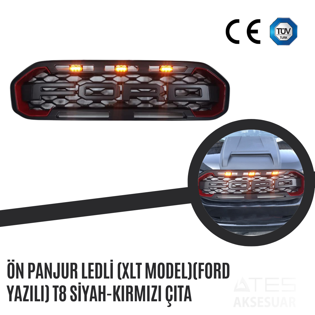 Ön Panjur Ledli (Xlt Model) (Ford Yazılı) T8 Siyah-Kırmızı Çıta