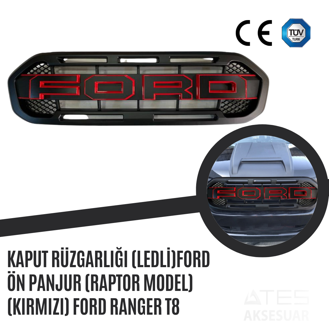 (Ledli) Ford Ön Panjur (Raptor Model) (Kırmızı) Ford Ranger T8