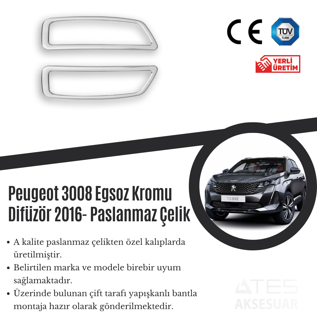 Peugeot 3008 2016 Egzos Kromu Difüzör Paslanmaz Çelik