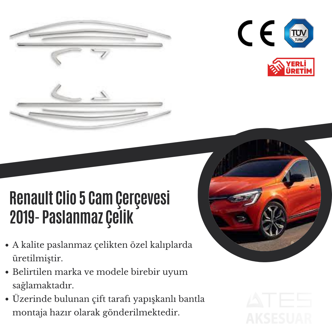 Renault Clio 5 2019 Cam Çerçevesi Paslanmaz Çelik