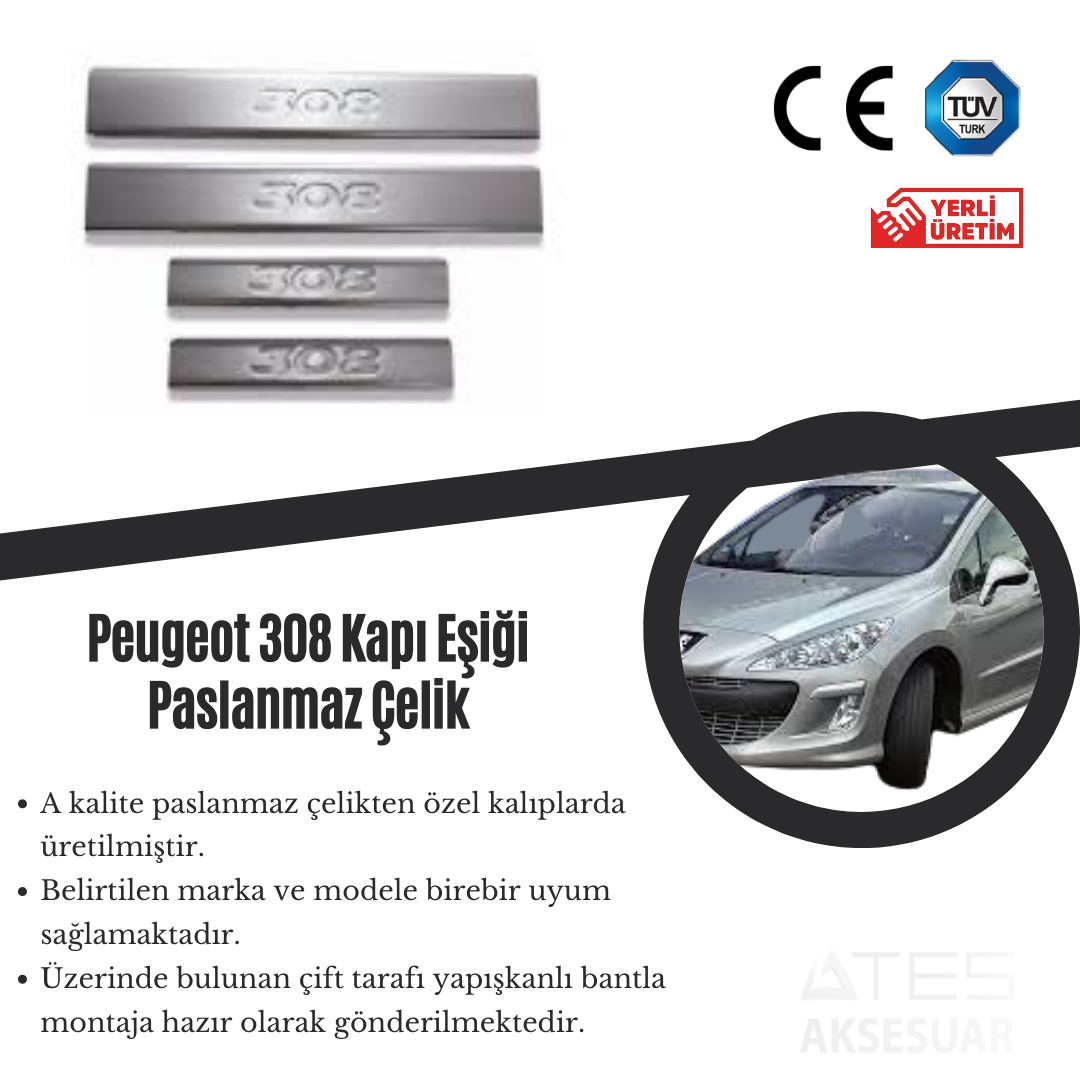 Peugeot 308 Kapı Eşiği Paslanmaz Çelik
