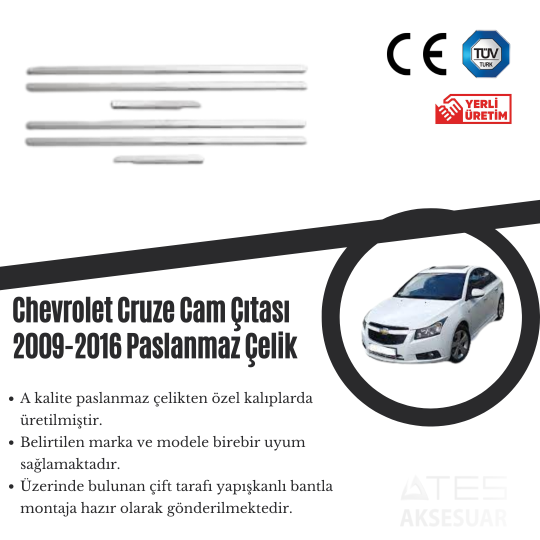 Chevrolet Cruze 2009-2016 Cam Çıtası Paslanmaz Çelik