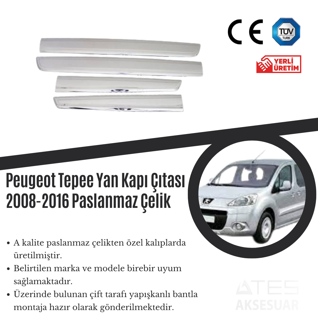 Peugeot Tepee 2008-2016 Yan Kapı Çıtası Paslanmaz Çelik