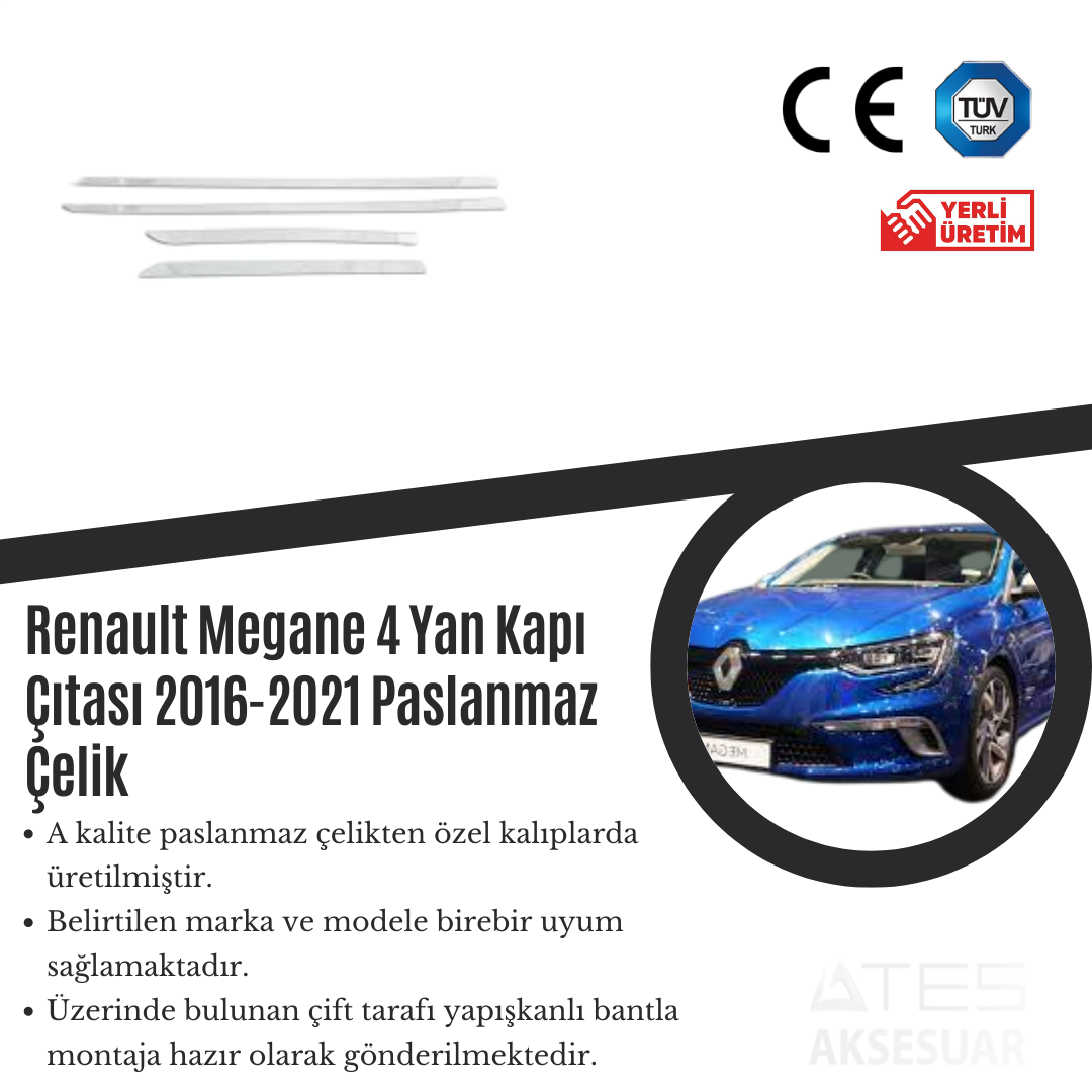 Renault Megane 2016-2021  4 Yan Kapı Çıtası Paslanmaz Çelik