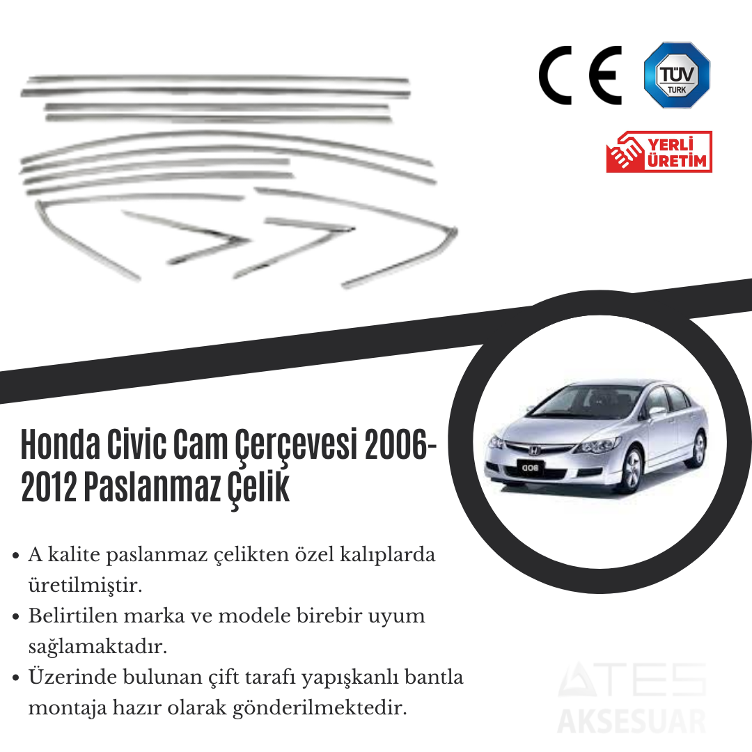 Honda Civic 2006-2012 Cam Çerçevesi Paslanmaz Çelik